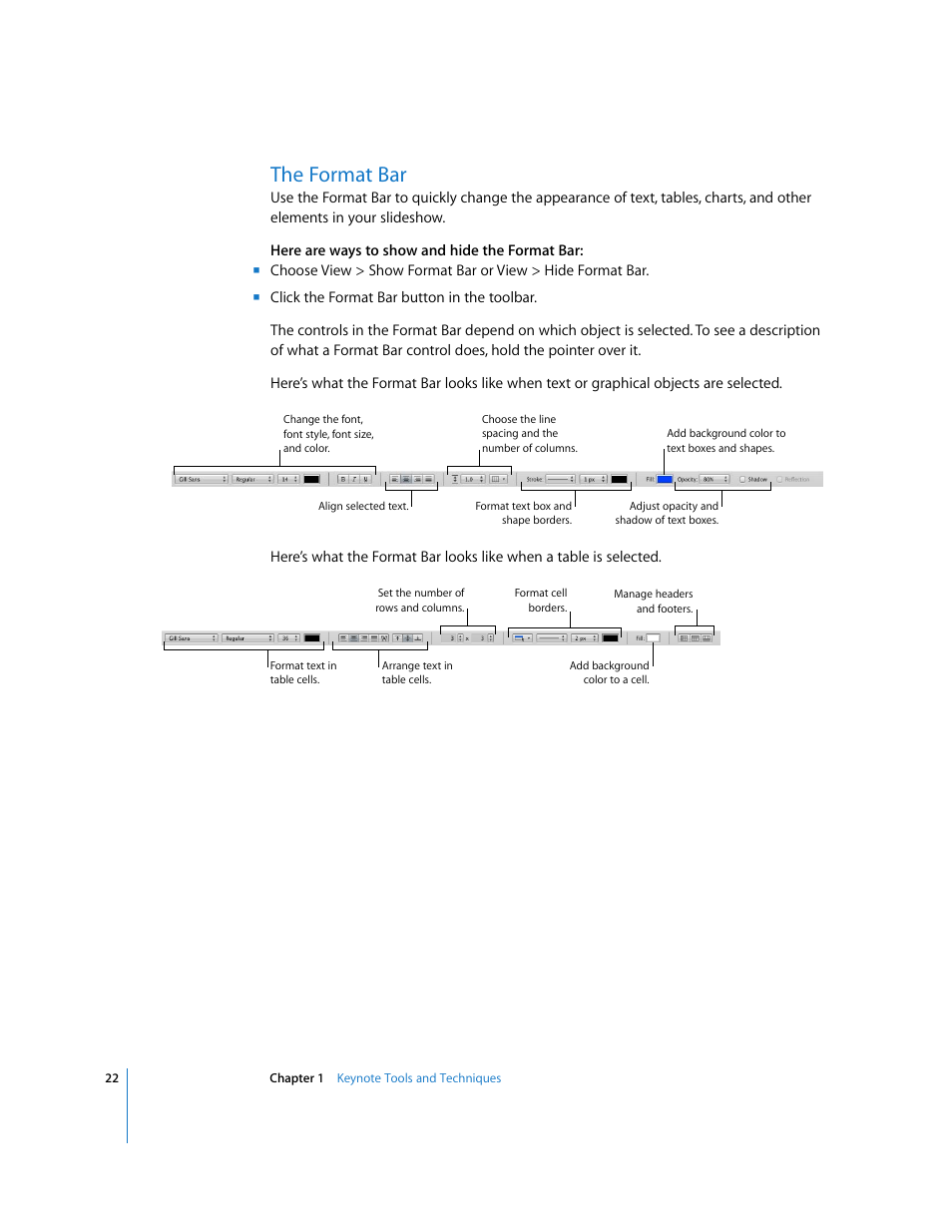 The format bar | Apple Keynote '08 User Manual | Page 22 / 204