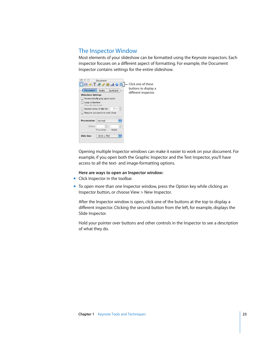 The inspector window | Apple Keynote '08 User Manual | Page 23 / 204
