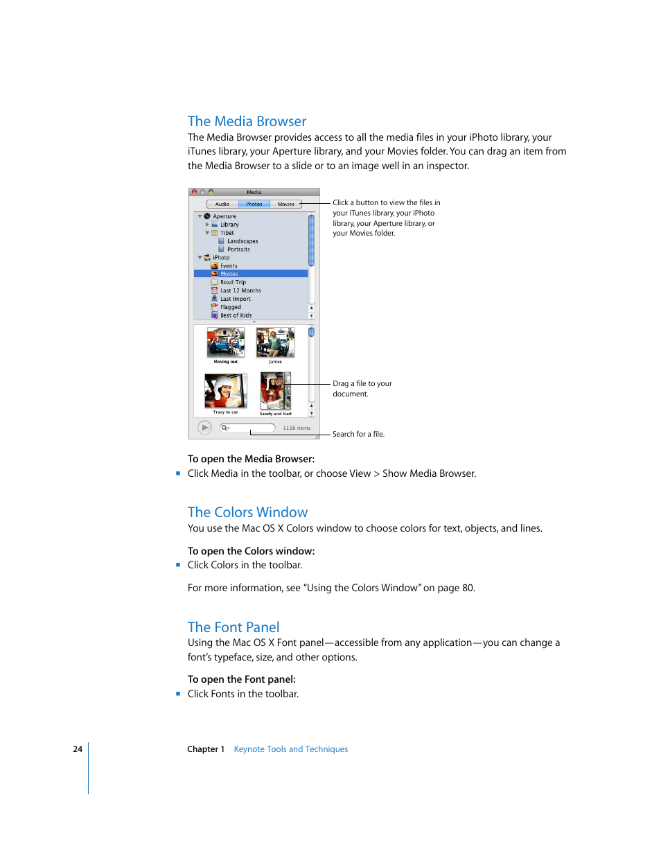 The media browser, The colors window, The font panel | Apple Keynote '08 User Manual | Page 24 / 204