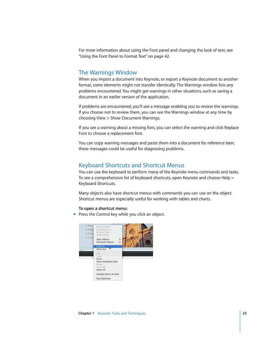 The warnings window, Keyboard shortcuts and shortcut menus | Apple Keynote '08 User Manual | Page 25 / 204