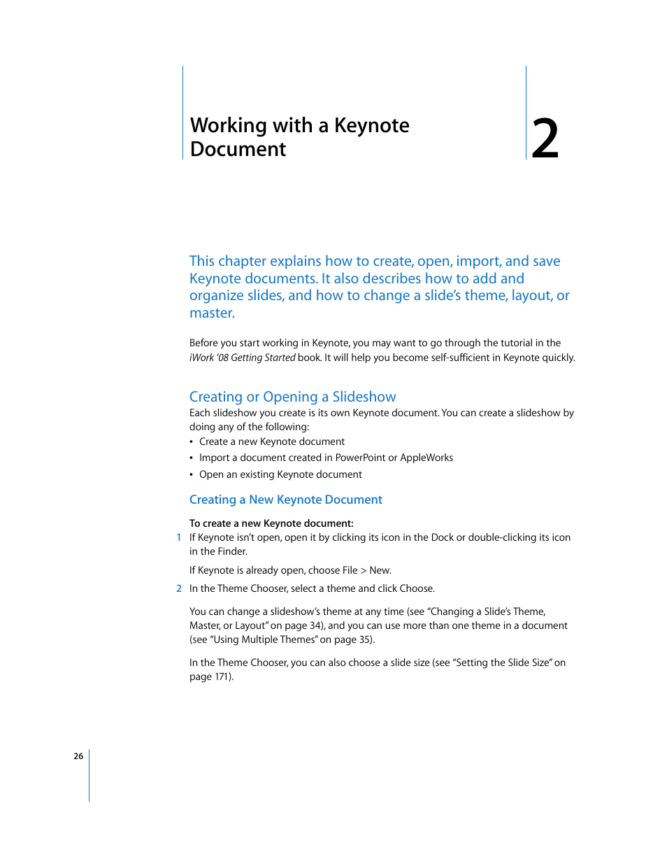 Working with a keynote document, Creating or opening a slideshow, Creating a new keynote document | Chapter 2, Document | Apple Keynote '08 User Manual | Page 26 / 204