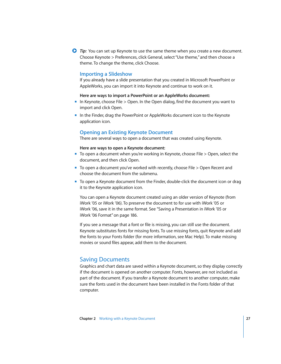 Importing a slideshow, Opening an existing keynote document, Saving documents | Apple Keynote '08 User Manual | Page 27 / 204