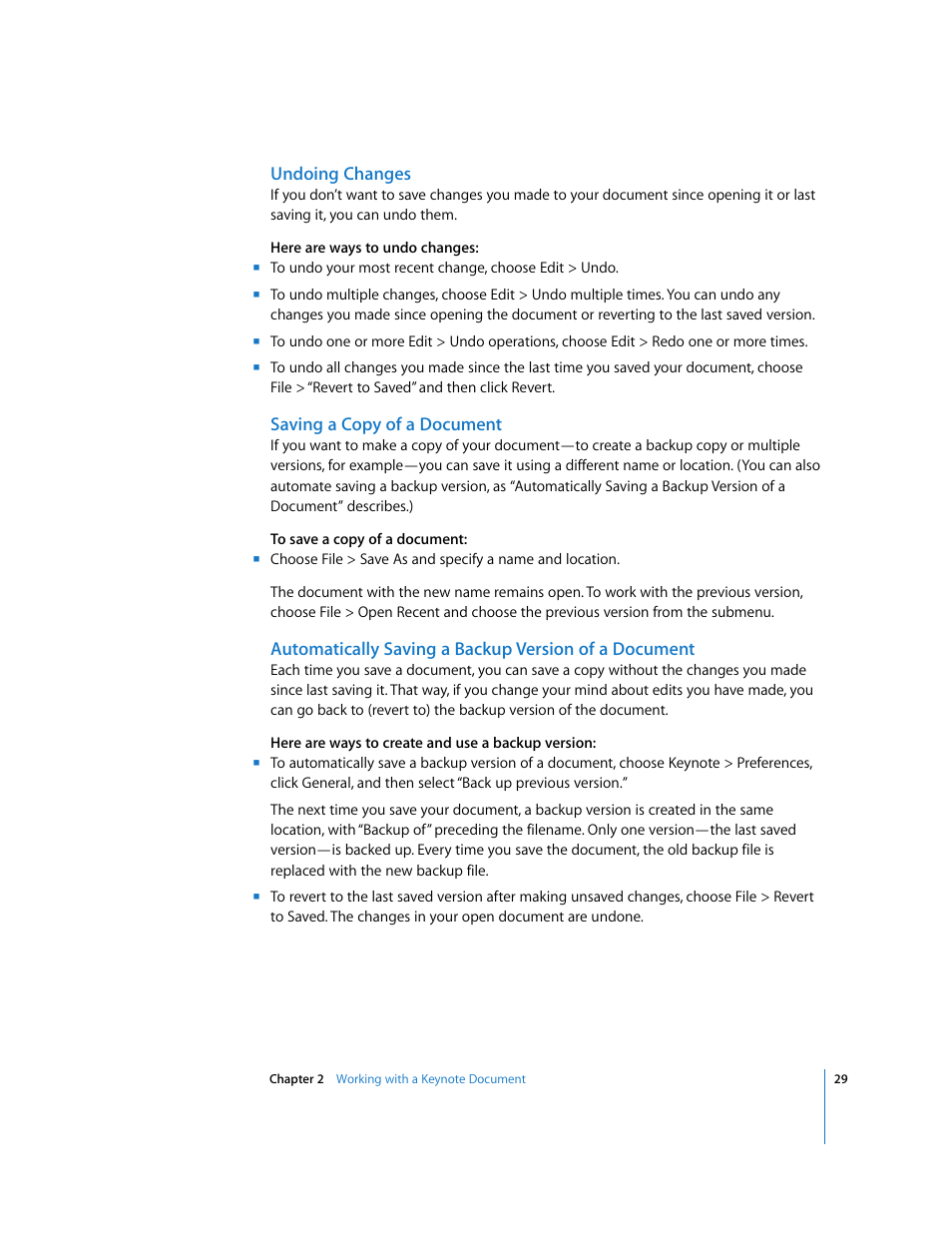 Undoing changes, Saving a copy of a document | Apple Keynote '08 User Manual | Page 29 / 204