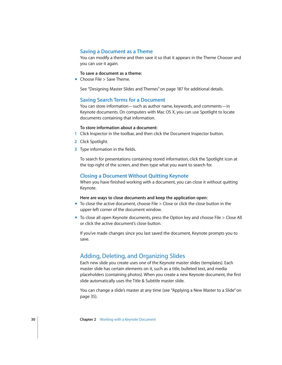 Saving a document as a theme, Saving search terms for a document, Closing a document without quitting keynote | Adding, deleting, and organizing slides | Apple Keynote '08 User Manual | Page 30 / 204