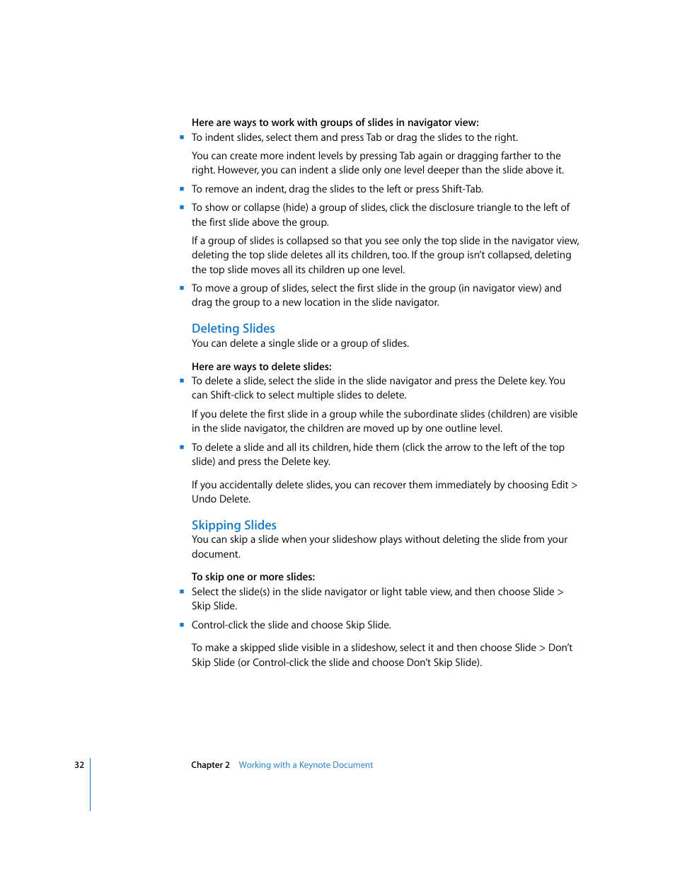 Deleting slides, Skipping slides | Apple Keynote '08 User Manual | Page 32 / 204