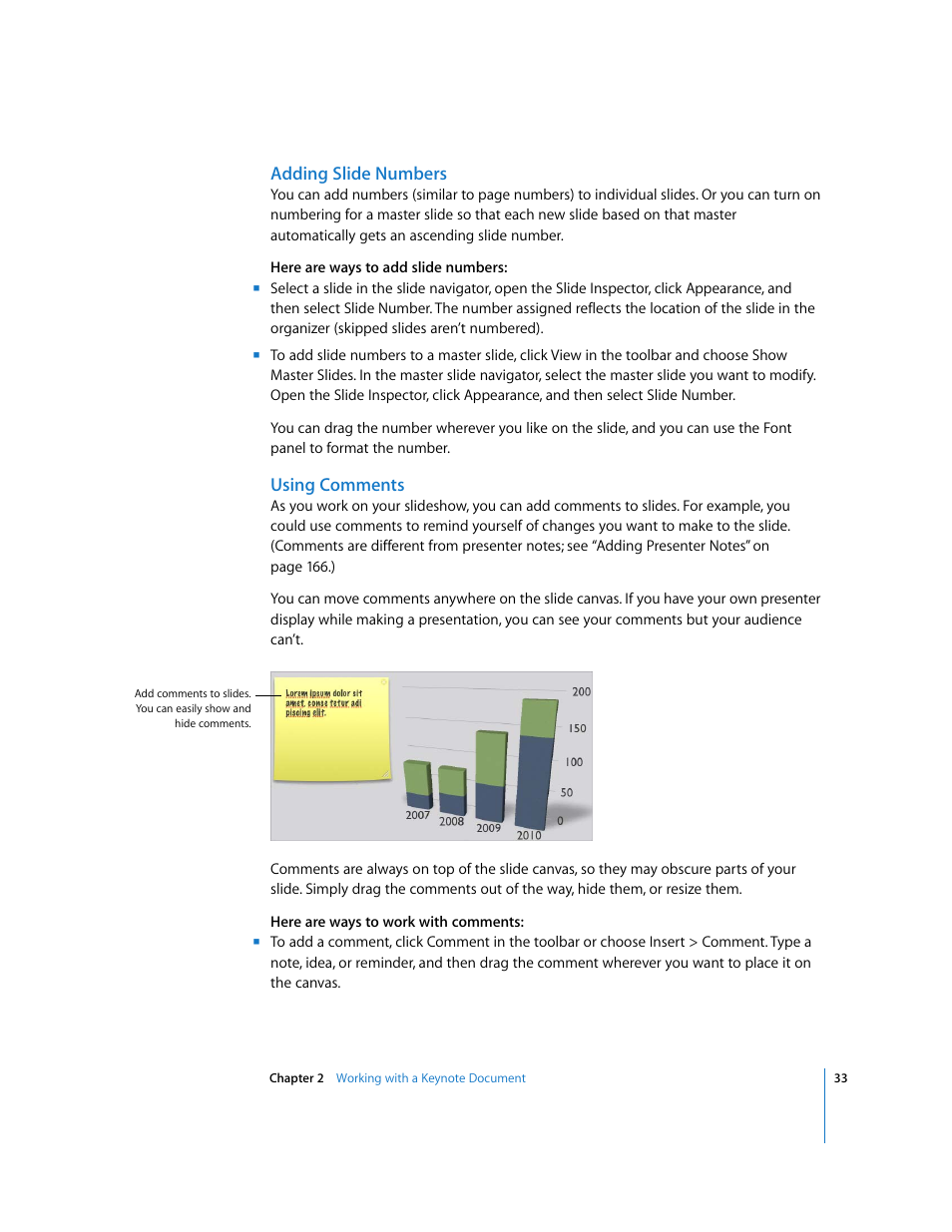 Adding slide numbers, Using comments | Apple Keynote '08 User Manual | Page 33 / 204