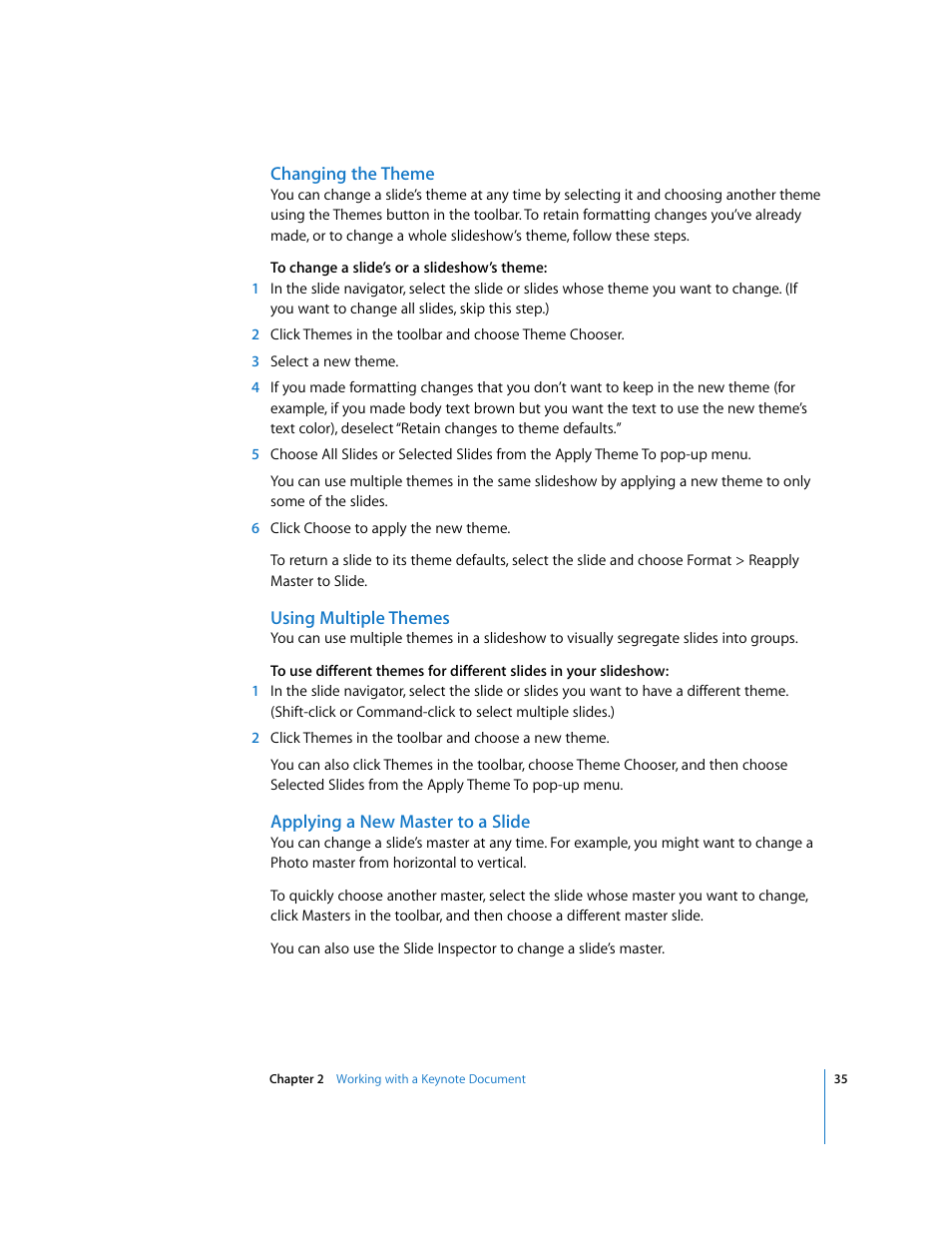 Changing the theme, Using multiple themes, Applying a new master to a slide | Apple Keynote '08 User Manual | Page 35 / 204