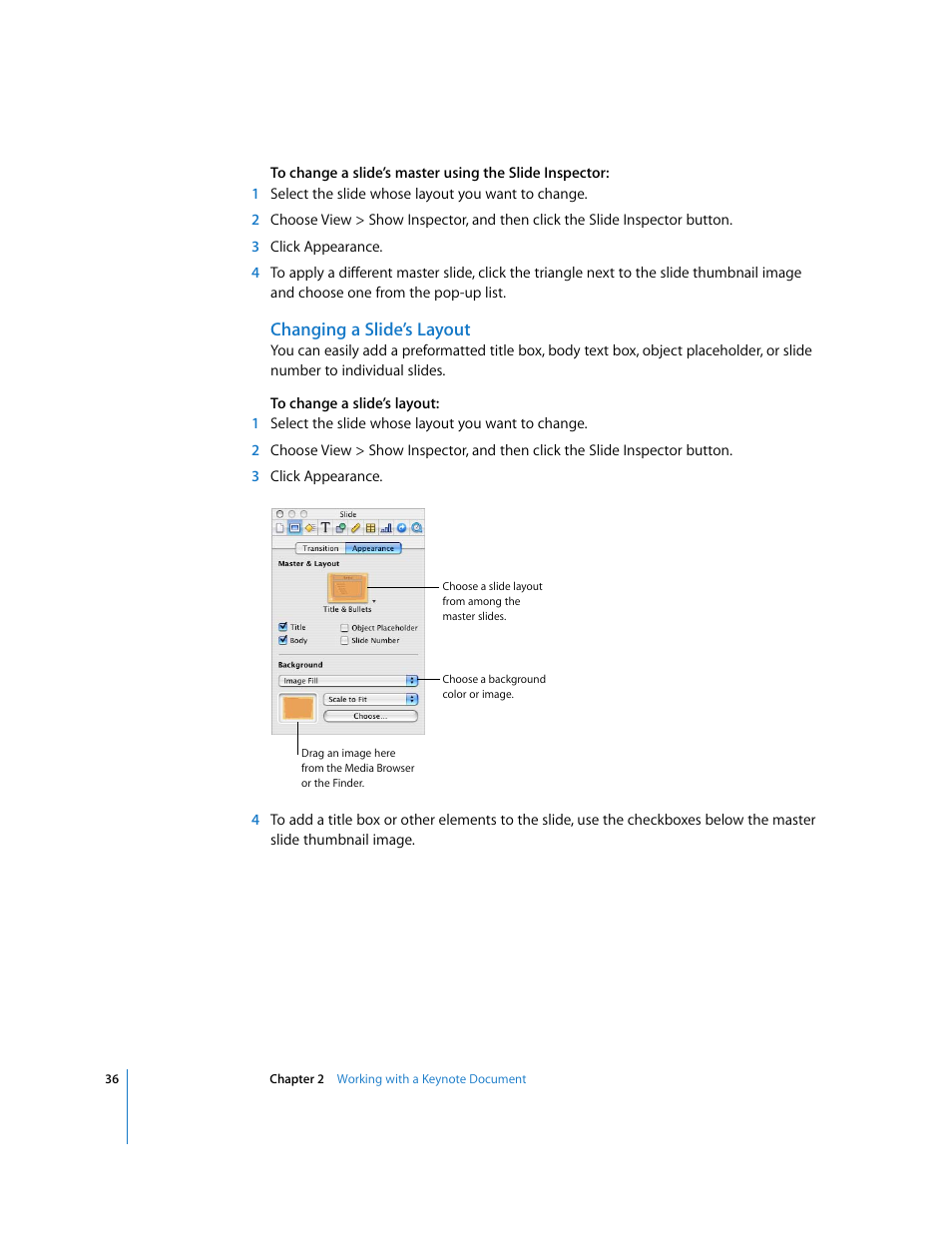 Changing a slide’s layout | Apple Keynote '08 User Manual | Page 36 / 204