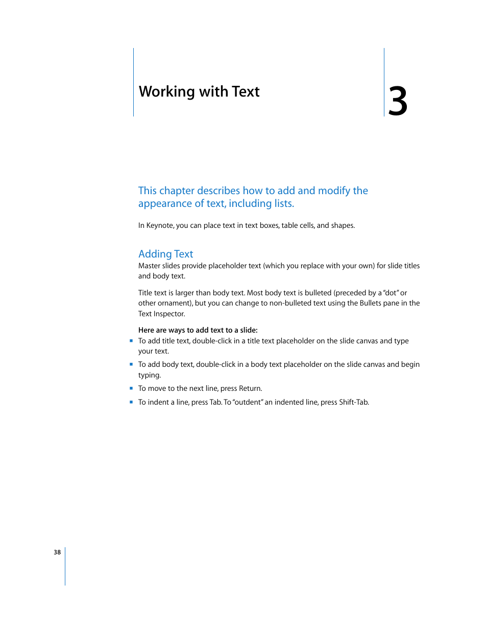 Working with text, Adding text, Chapter 3 | Apple Keynote '08 User Manual | Page 38 / 204