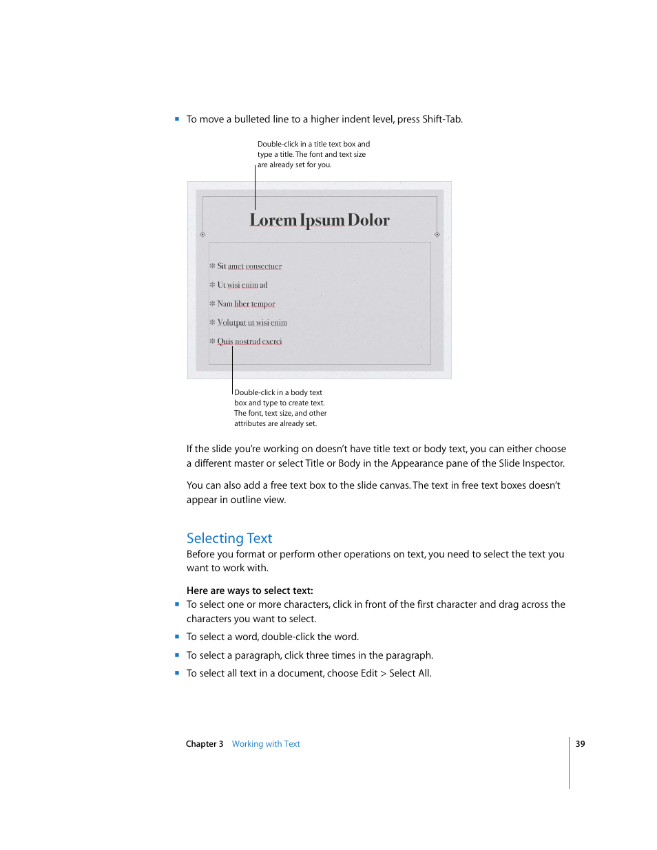 Selecting text | Apple Keynote '08 User Manual | Page 39 / 204