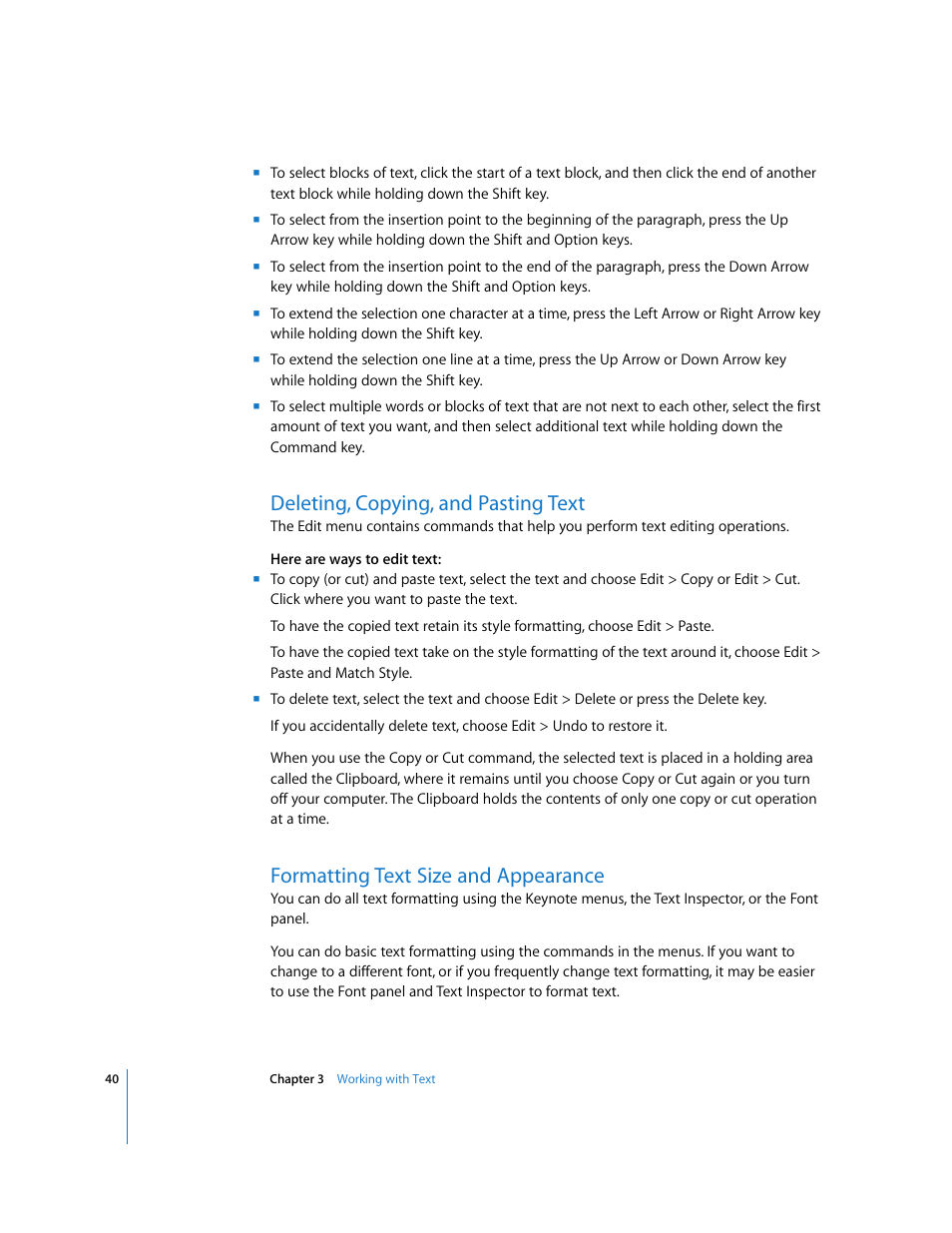 Deleting, copying, and pasting text, Formatting text size and appearance | Apple Keynote '08 User Manual | Page 40 / 204