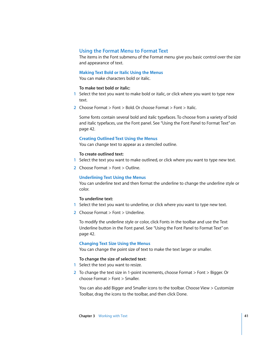 Using the format menu to format text, Making text bold or italic using the menus, Creating outlined text using the menus | Underlining text using the menus, Changing text size using the menus | Apple Keynote '08 User Manual | Page 41 / 204