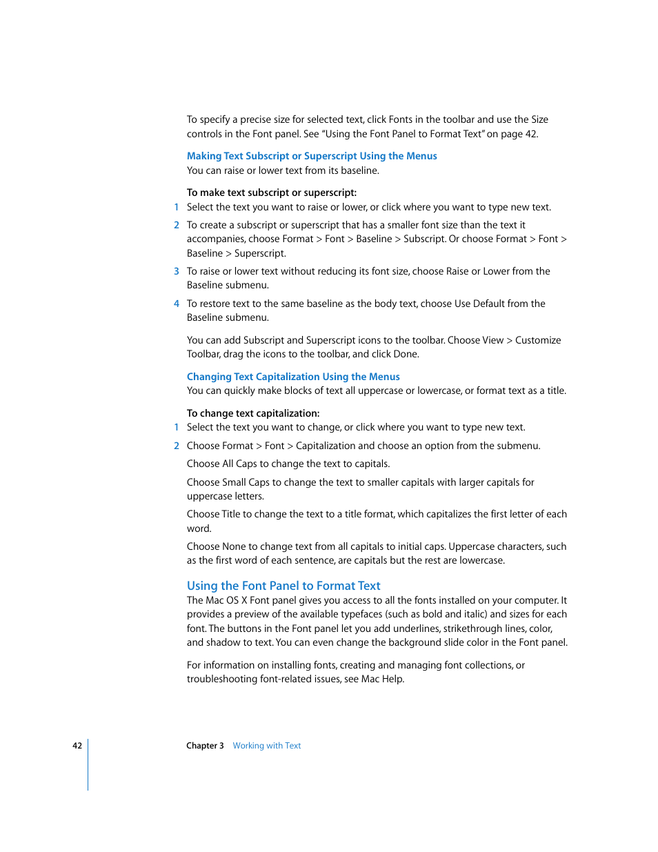 Changing text capitalization using the menus, Using the font panel to format text | Apple Keynote '08 User Manual | Page 42 / 204