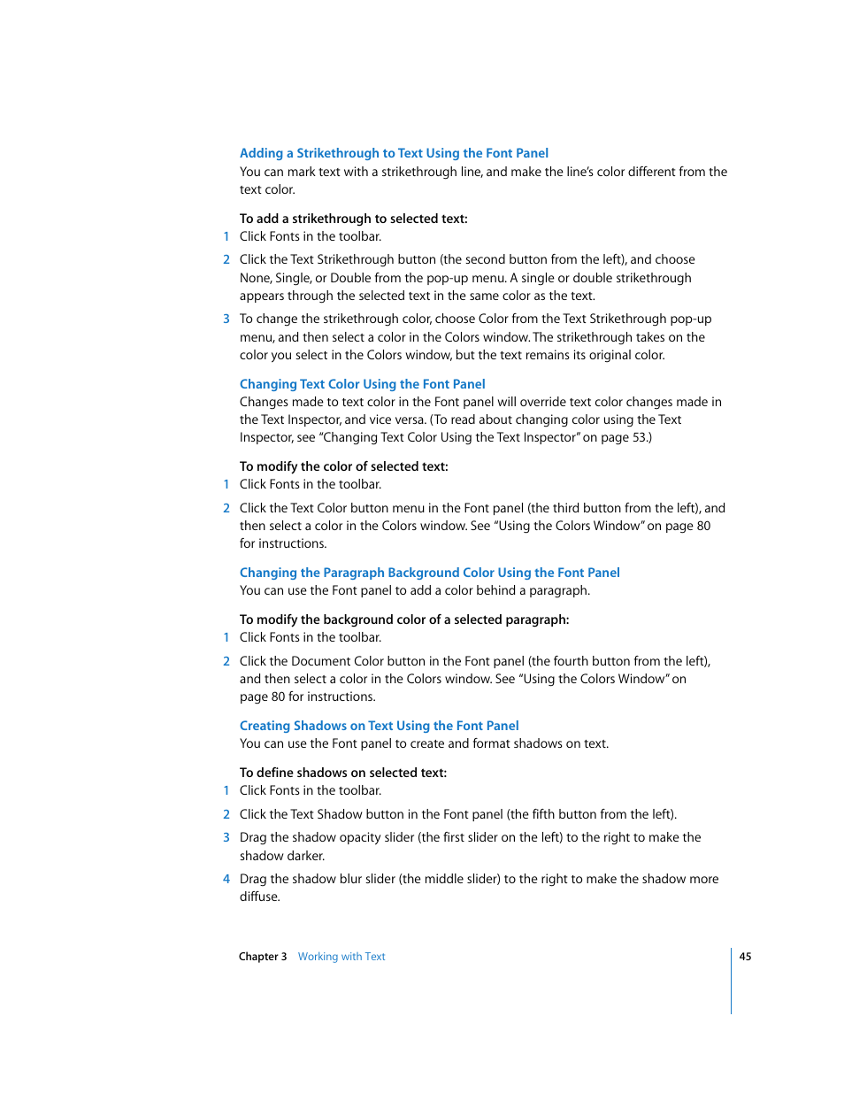 Changing text color using the font panel, Creating shadows on text using the font panel | Apple Keynote '08 User Manual | Page 45 / 204