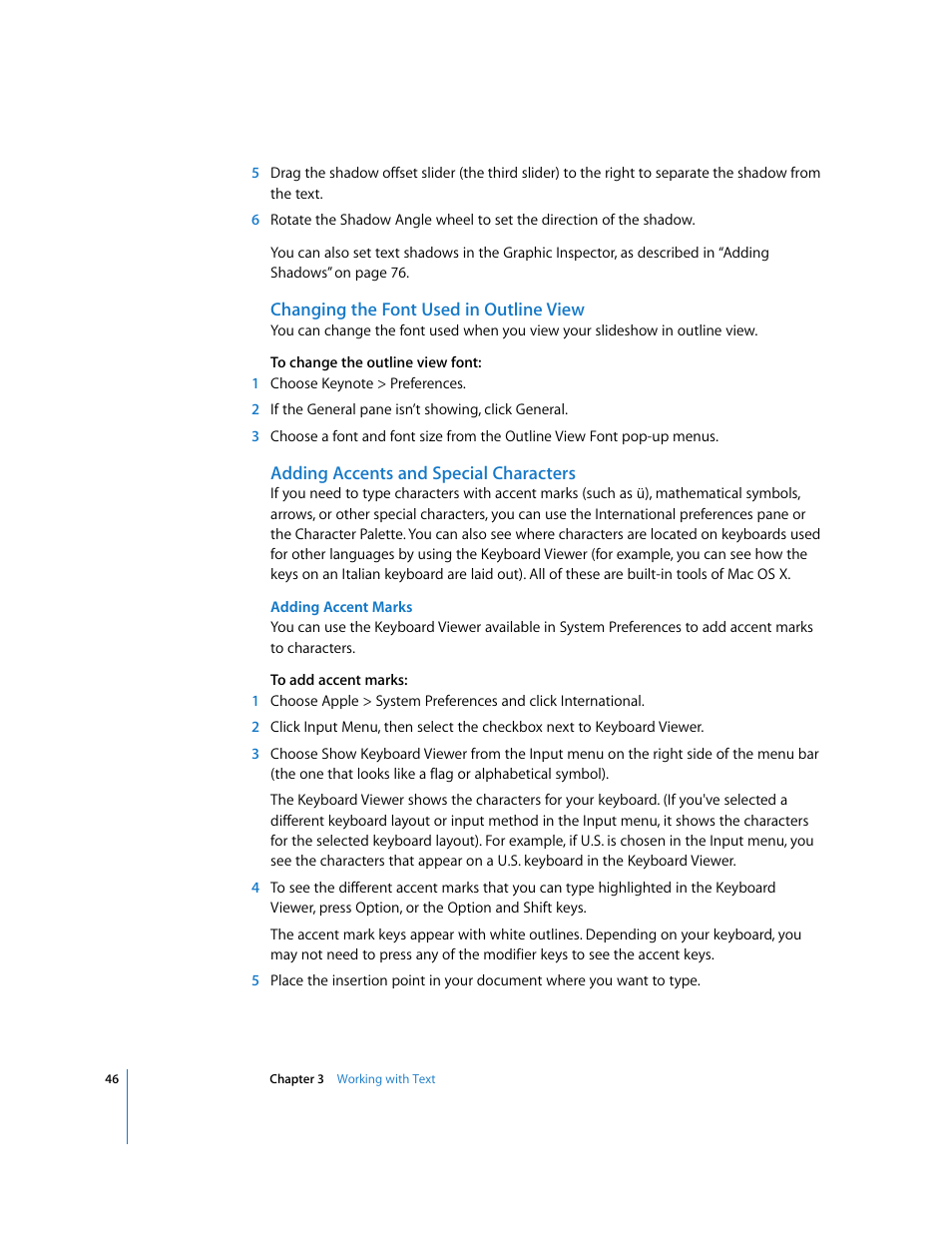 Changing the font used in outline view, Adding accents and special characters, Adding accent marks | Apple Keynote '08 User Manual | Page 46 / 204