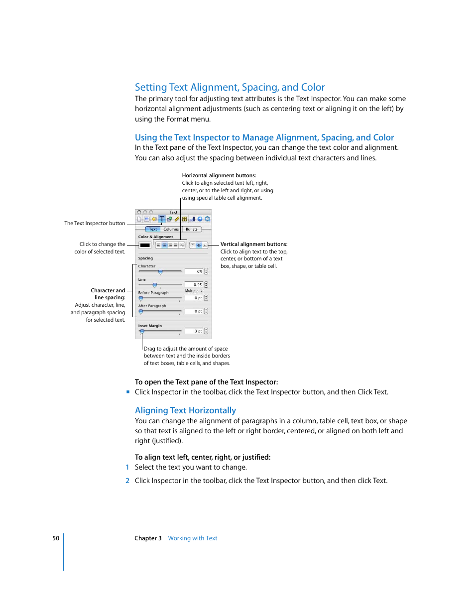 Setting text alignment, spacing, and color, Aligning text horizontally | Apple Keynote '08 User Manual | Page 50 / 204