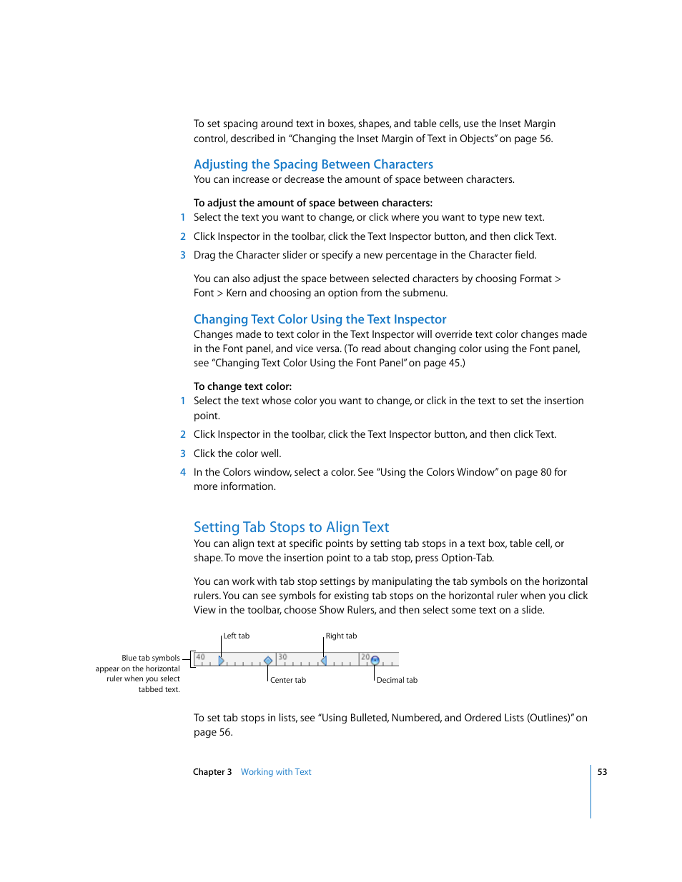 Adjusting the spacing between characters, Changing text color using the text inspector, Setting tab stops to align text | Apple Keynote '08 User Manual | Page 53 / 204