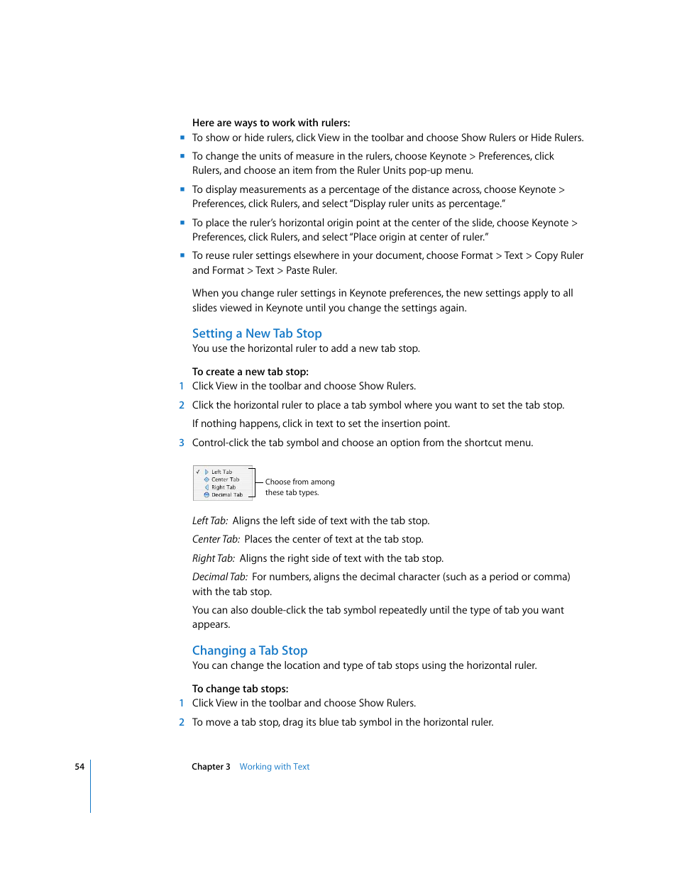 Setting a new tab stop, Changing a tab stop | Apple Keynote '08 User Manual | Page 54 / 204
