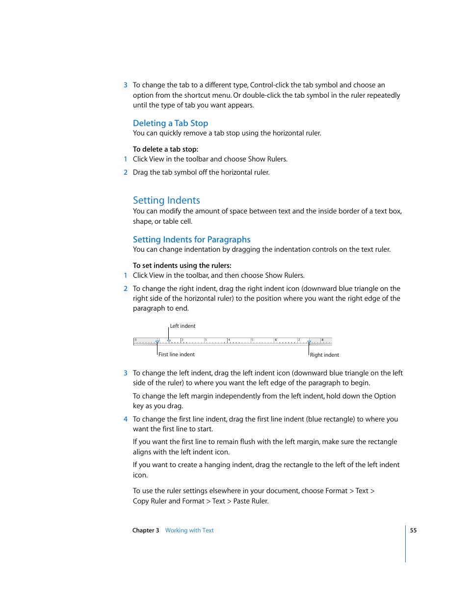 Deleting a tab stop, Setting indents, Setting indents for paragraphs | Apple Keynote '08 User Manual | Page 55 / 204