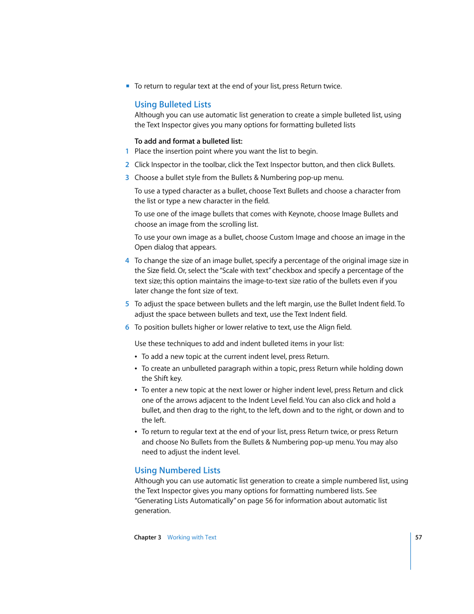 Using bulleted lists, Using numbered lists | Apple Keynote '08 User Manual | Page 57 / 204
