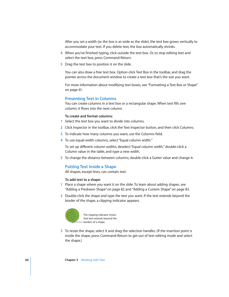Presenting text in columns, Putting text inside a shape | Apple Keynote '08 User Manual | Page 60 / 204