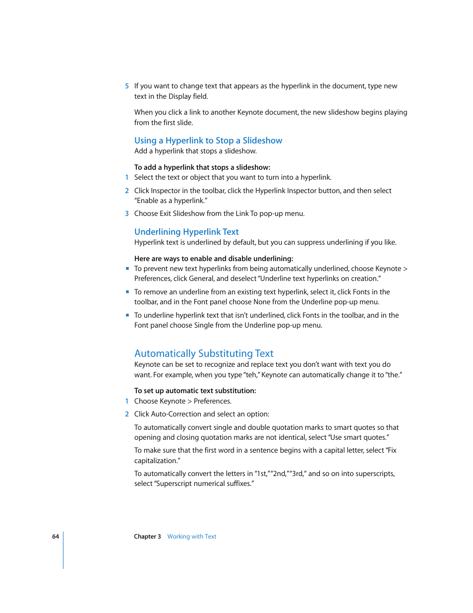 Using a hyperlink to stop a slideshow, Underlining hyperlink text, Automatically substituting text | Apple Keynote '08 User Manual | Page 64 / 204