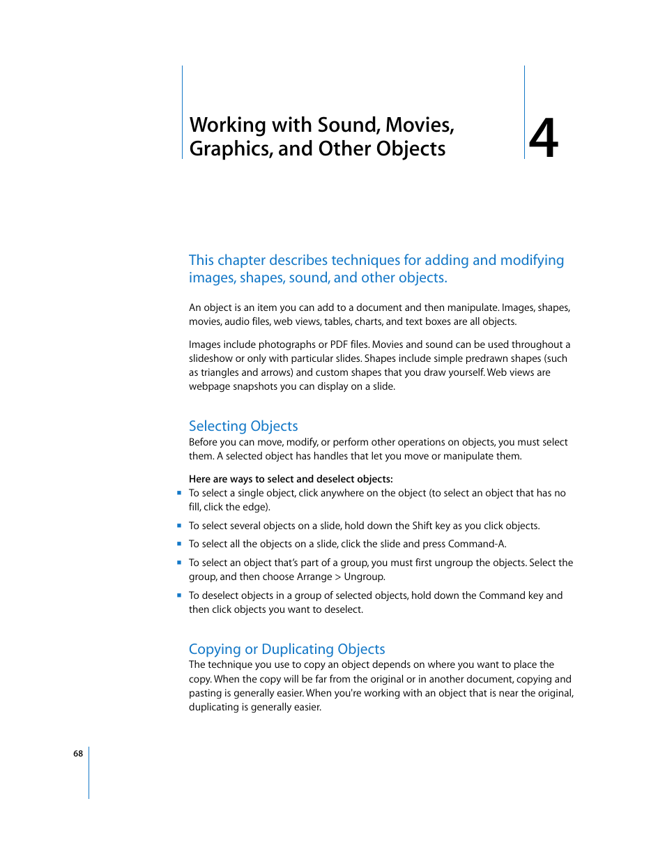 Selecting objects, Copying or duplicating objects, Chapter 4 | Apple Keynote '08 User Manual | Page 68 / 204