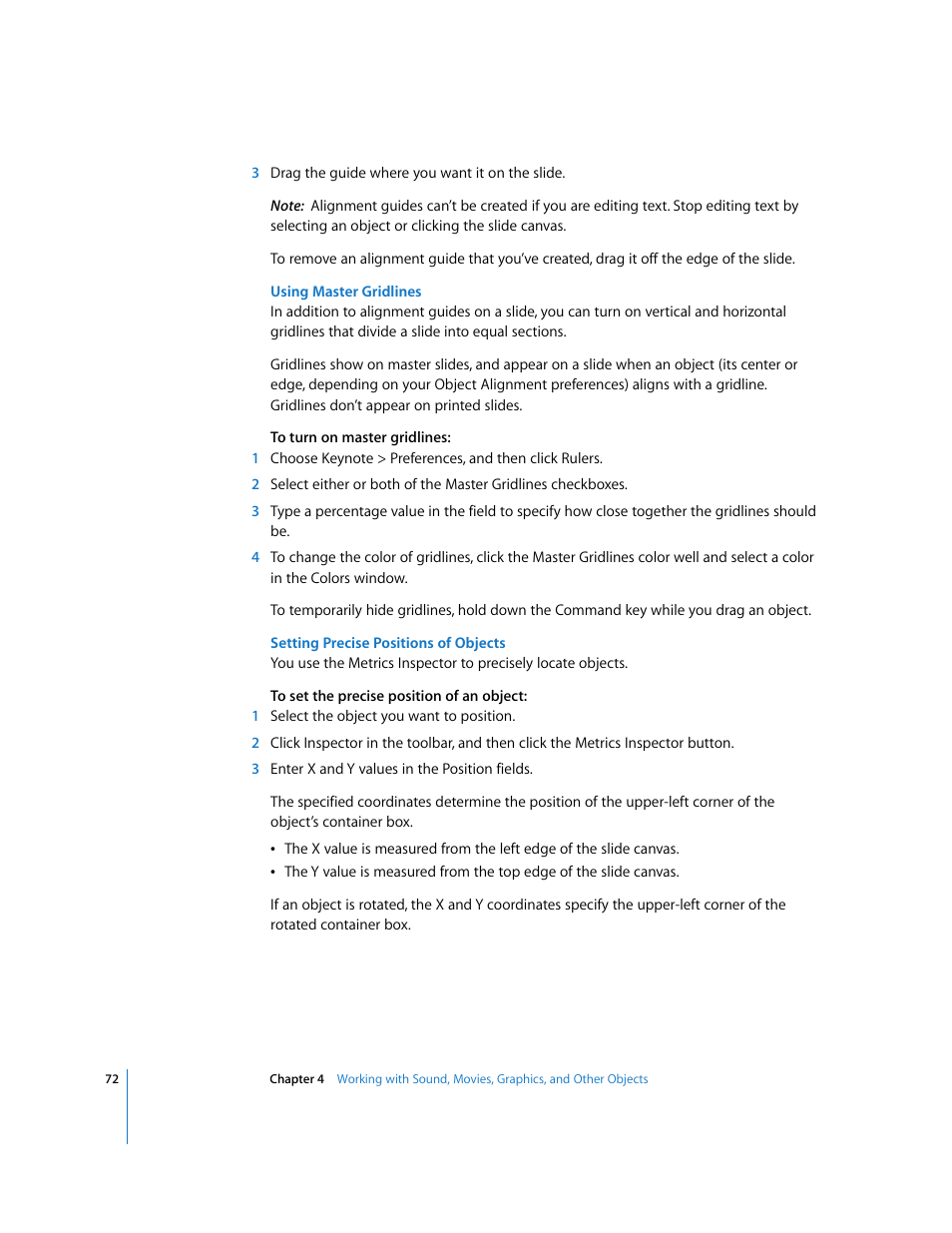Using master gridlines, Setting precise positions of objects | Apple Keynote '08 User Manual | Page 72 / 204