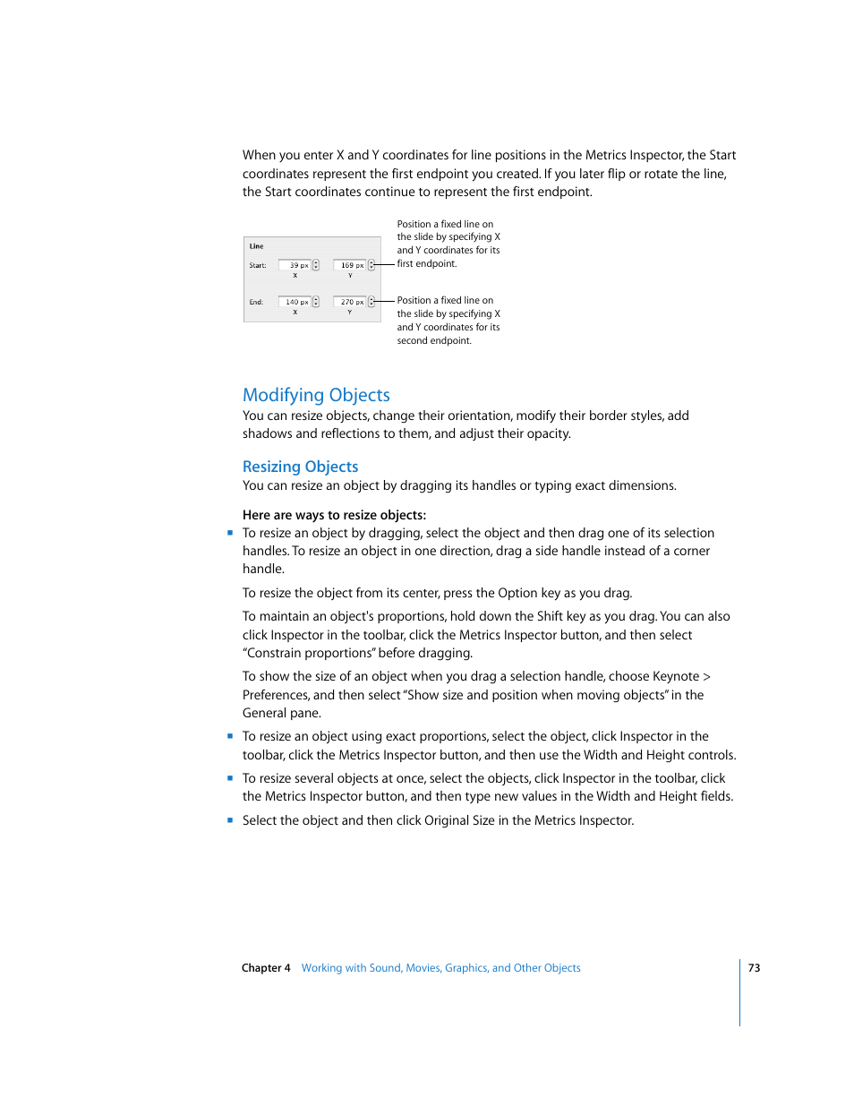 Modifying objects, Resizing objects | Apple Keynote '08 User Manual | Page 73 / 204