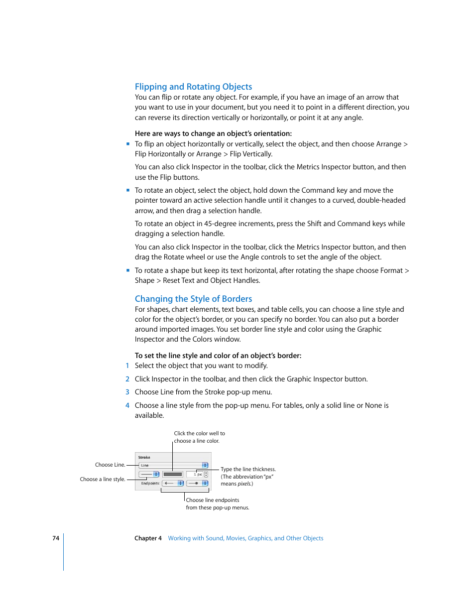 Flipping and rotating objects, Changing the style of borders | Apple Keynote '08 User Manual | Page 74 / 204