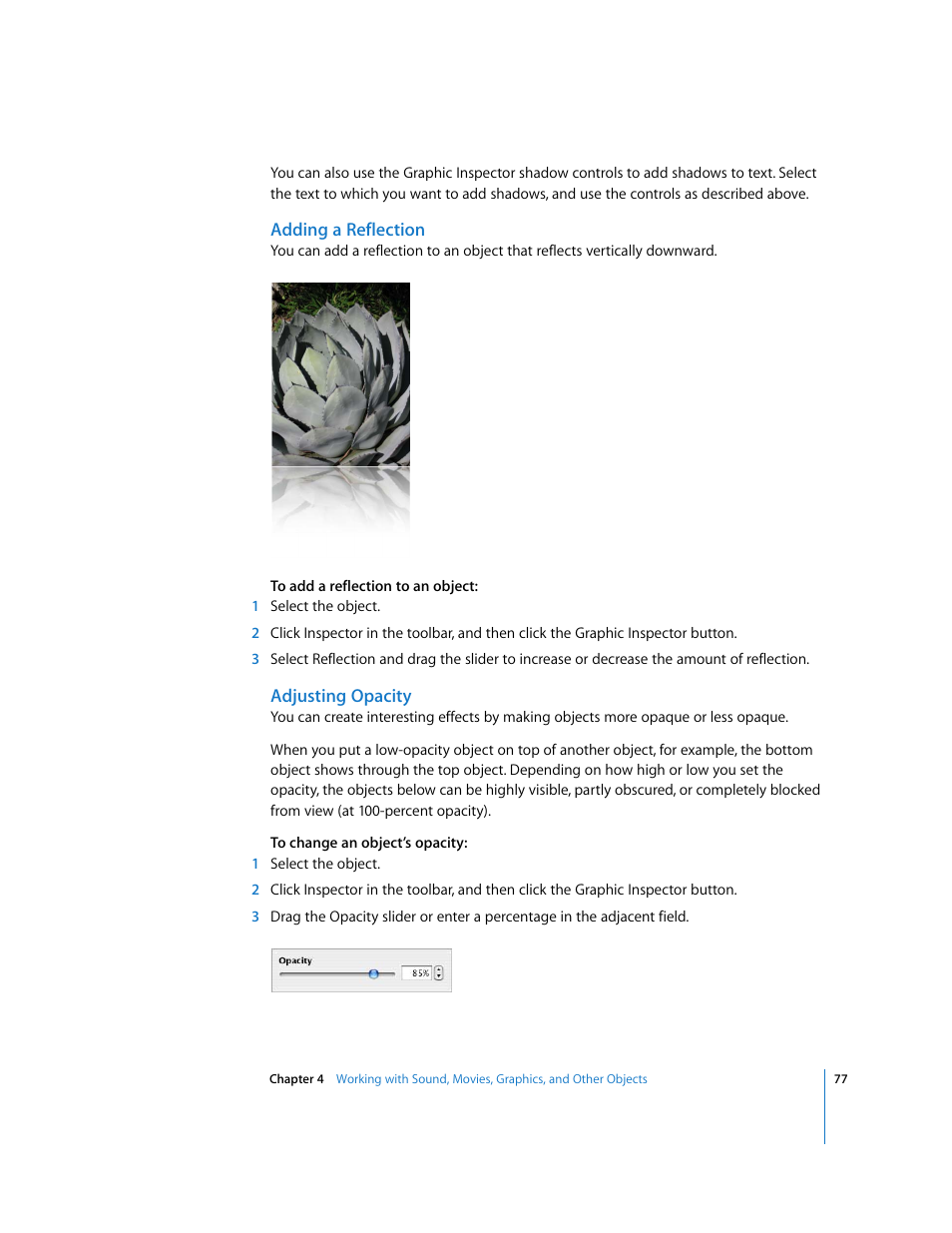 Adding a reflection, Adjusting opacity | Apple Keynote '08 User Manual | Page 77 / 204