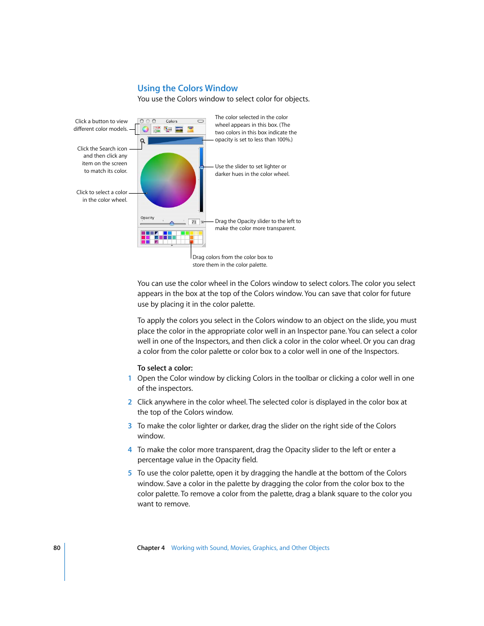 Using the colors window | Apple Keynote '08 User Manual | Page 80 / 204
