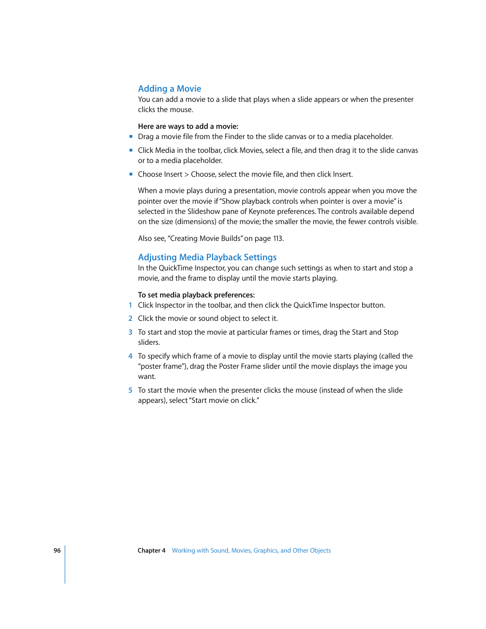 Adding a movie, Adjusting media playback settings | Apple Keynote '08 User Manual | Page 96 / 204