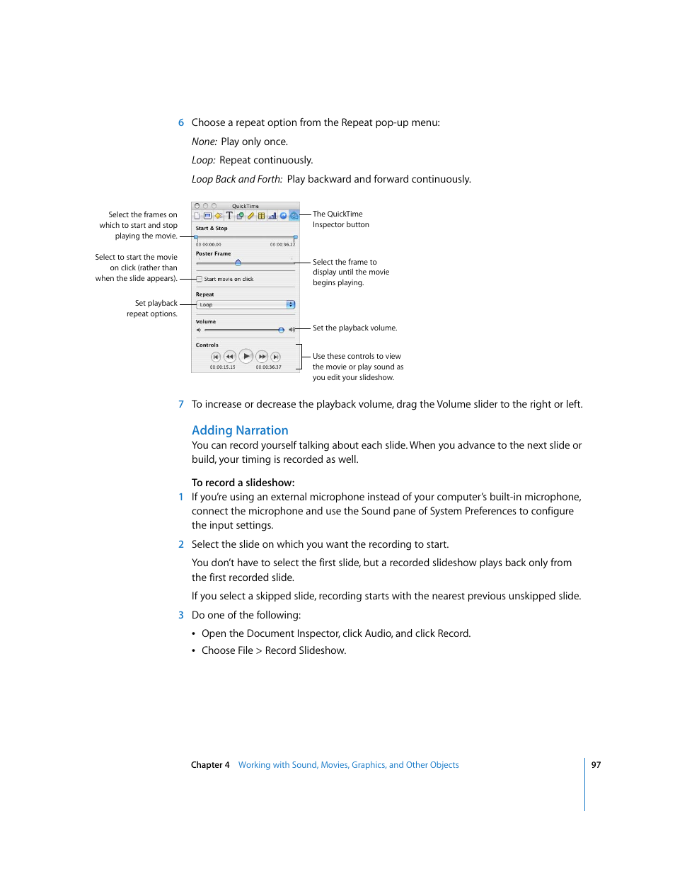Adding narration, Ee “adding | Apple Keynote '08 User Manual | Page 97 / 204