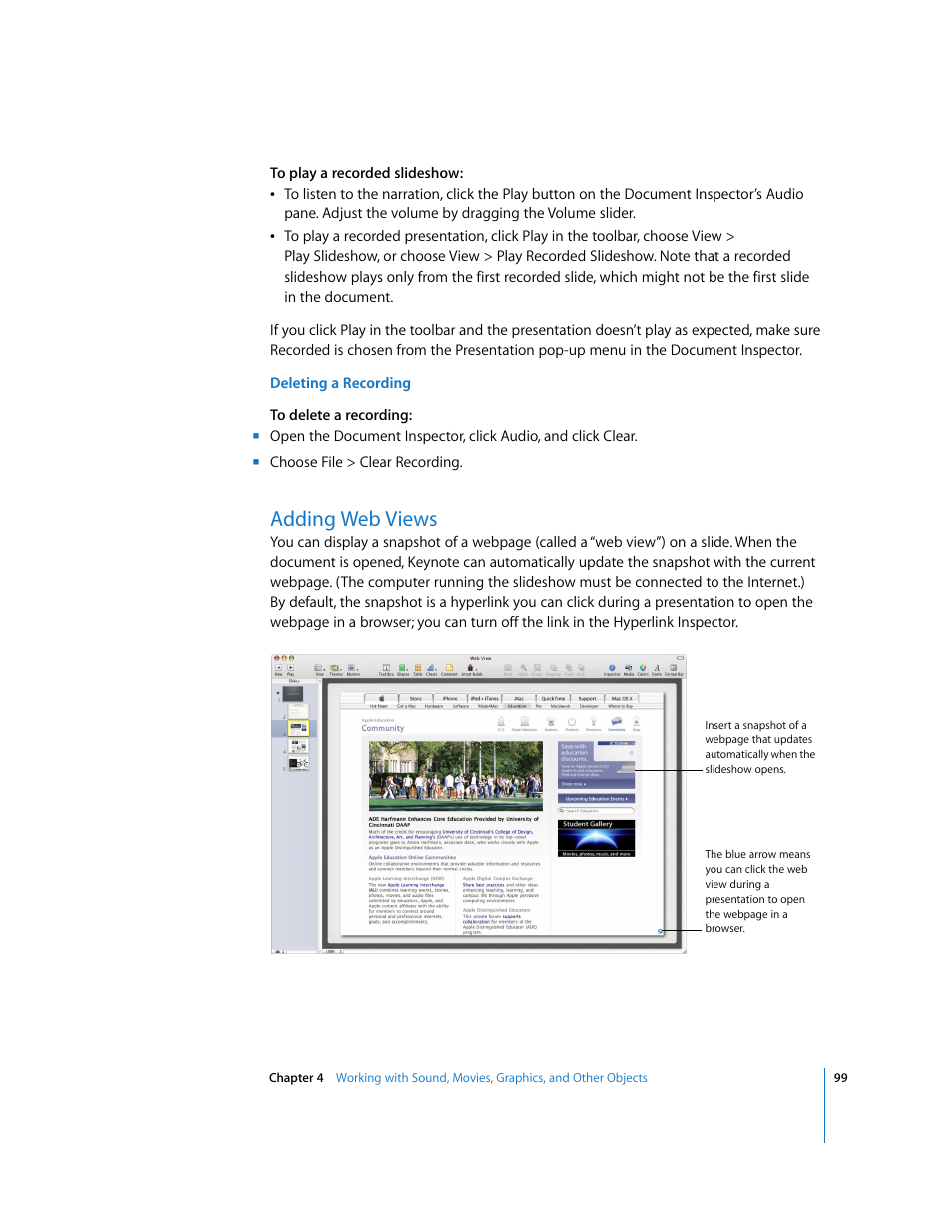 Deleting a recording, Adding web views | Apple Keynote '08 User Manual | Page 99 / 204