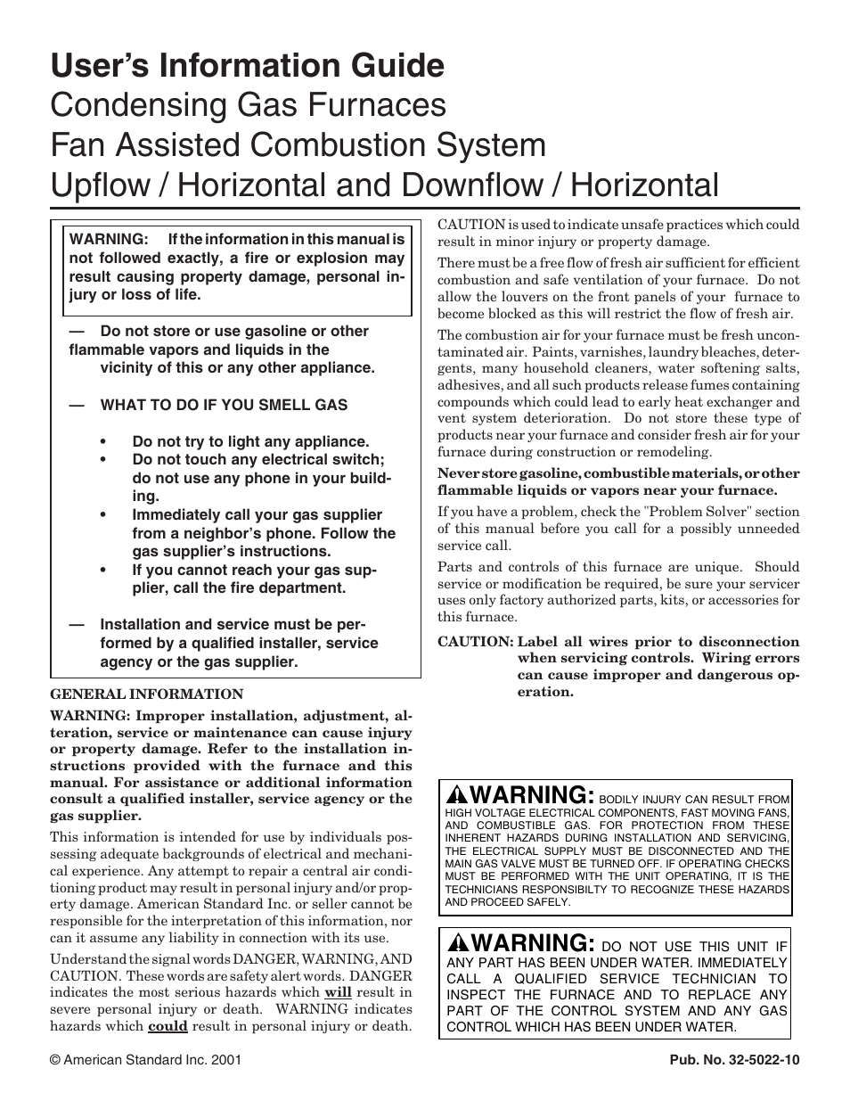 American Standard Condensing Gas Furnaces Fan Assisted Combustion System Upflow Horizontal and Downflow Horizontal User Manual | 8 pages