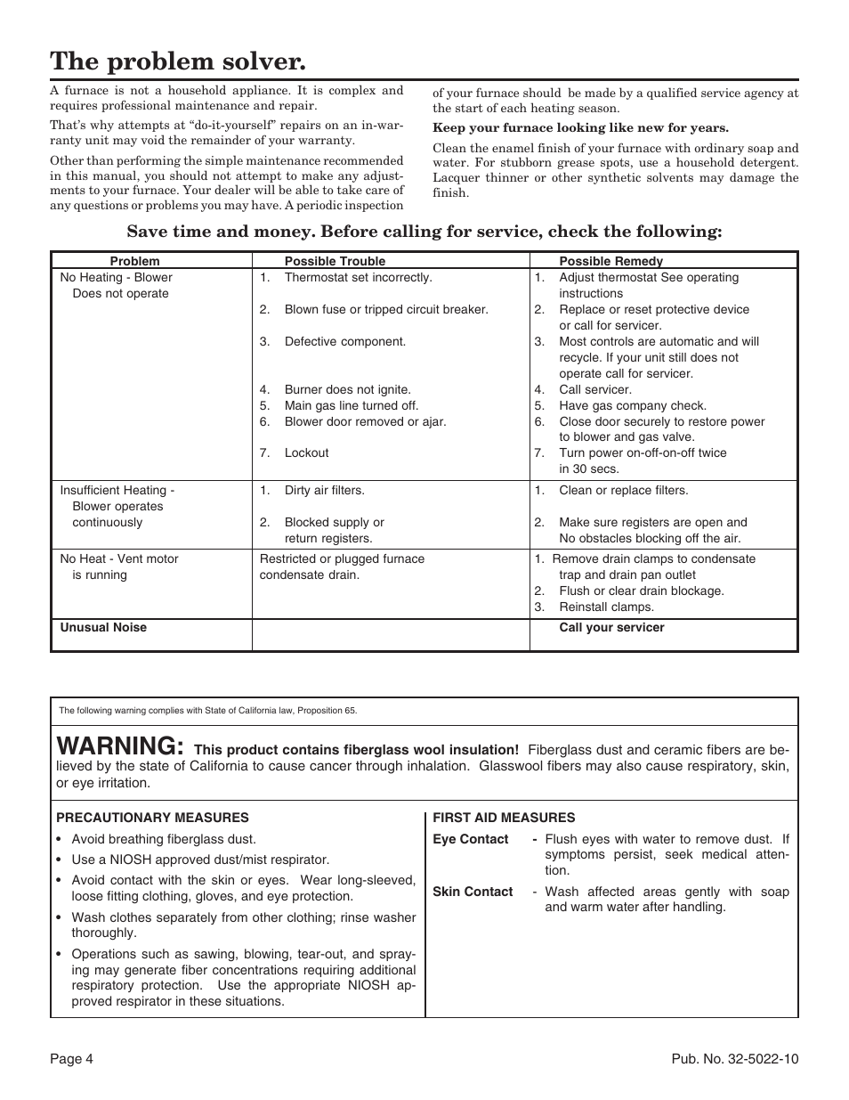 The problem solver, Warning | American Standard Condensing Gas Furnaces Fan Assisted Combustion System Upflow Horizontal and Downflow Horizontal User Manual | Page 4 / 8