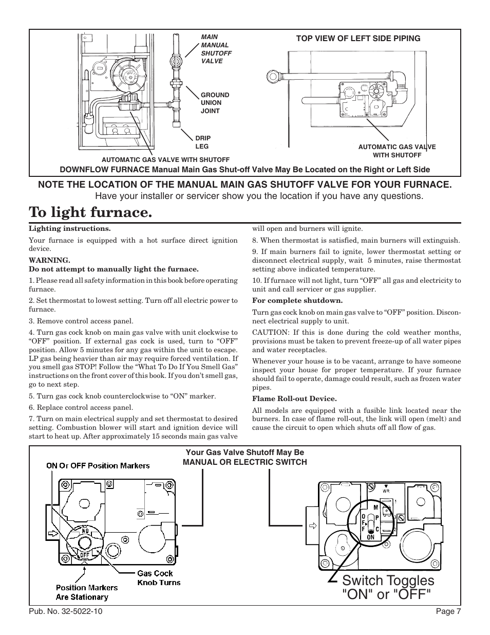 Switch toggles "on" or "off | American Standard Condensing Gas Furnaces Fan Assisted Combustion System Upflow Horizontal and Downflow Horizontal User Manual | Page 7 / 8