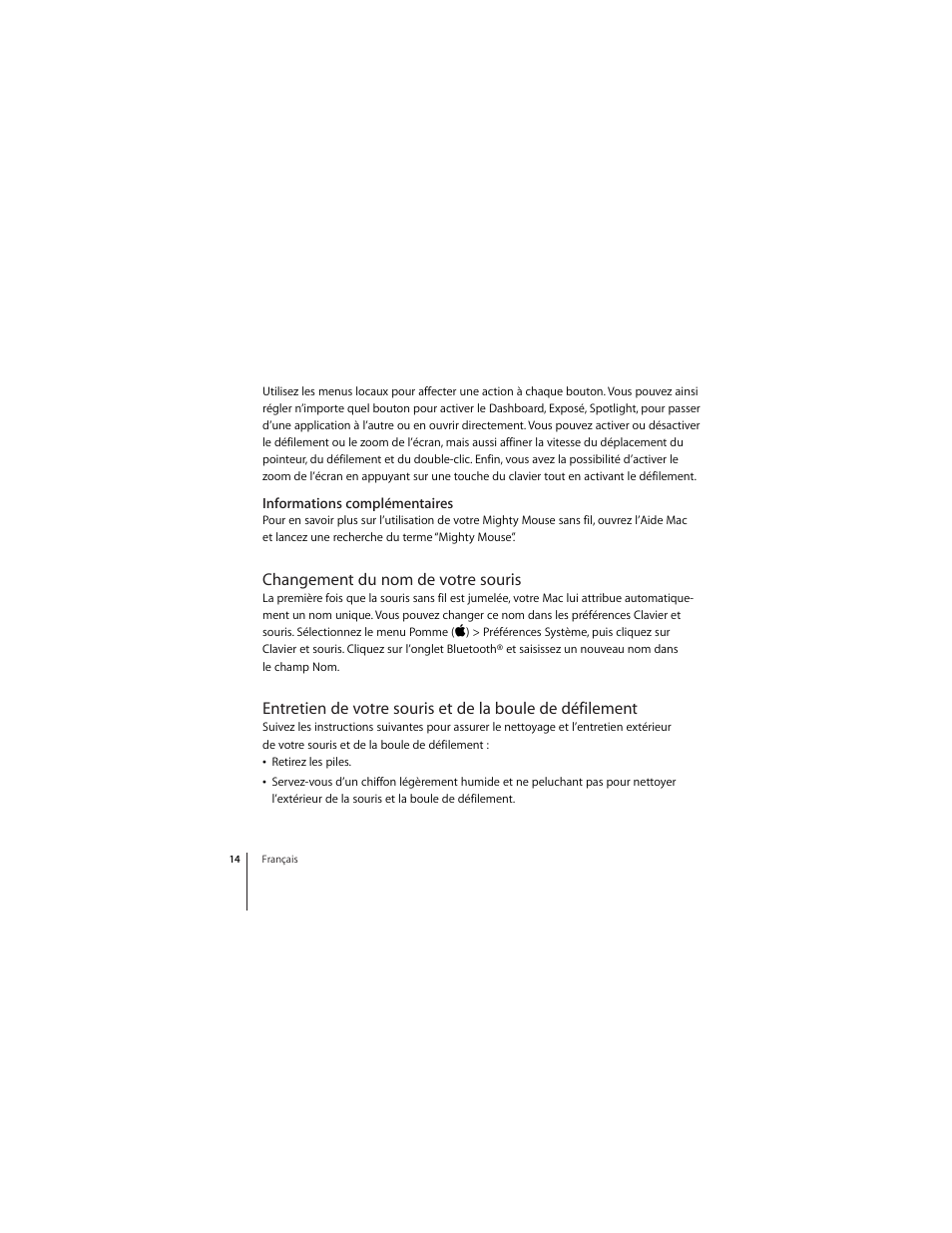 Informations complémentaires, Changement du nom de votre souris | Apple Mighty Mouse (wireless) User Manual | Page 14 / 101