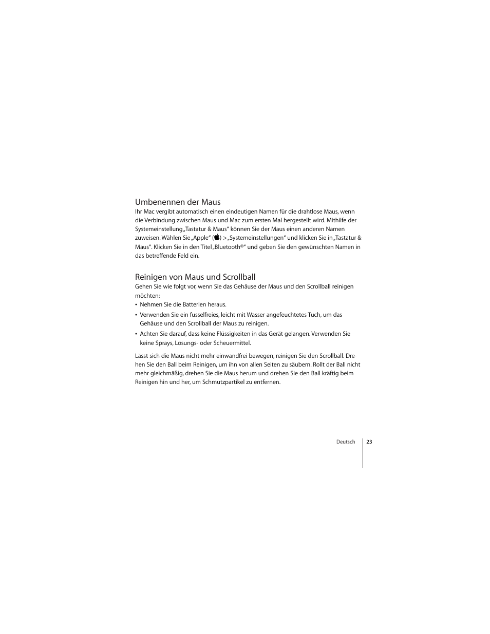 Umbenennen der maus, Reinigen von maus und scrollball | Apple Mighty Mouse (wireless) User Manual | Page 23 / 101