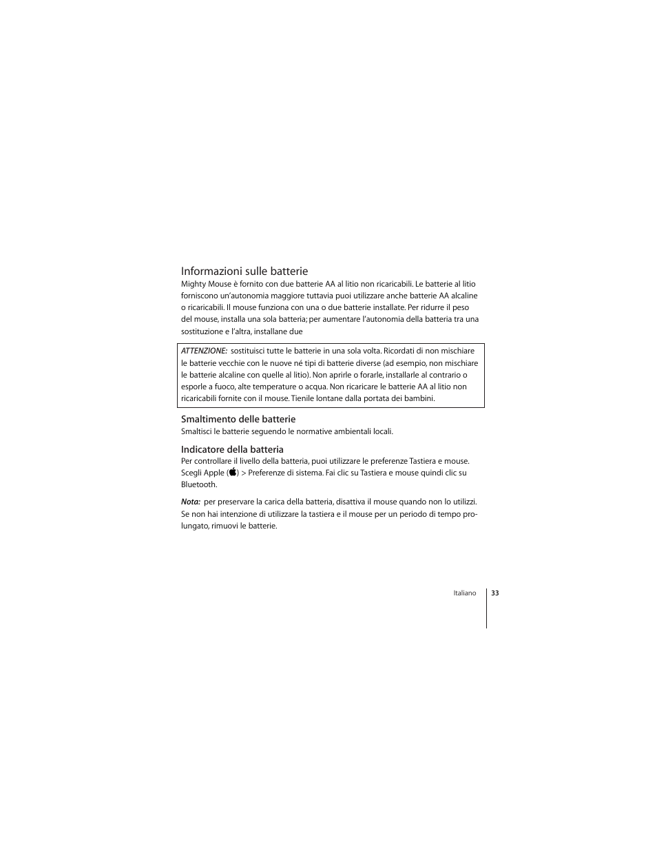 Informazioni sulle batterie, Smaltimento delle batterie, Indicatore della batteria | Apple Mighty Mouse (wireless) User Manual | Page 33 / 101