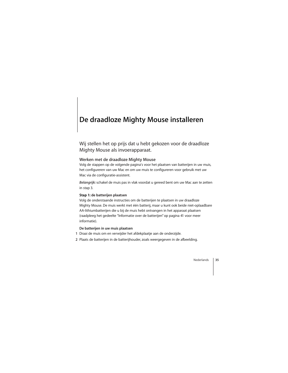 De draadloze mighty mouse installeren, Werken met de draadloze mighty mouse | Apple Mighty Mouse (wireless) User Manual | Page 35 / 101