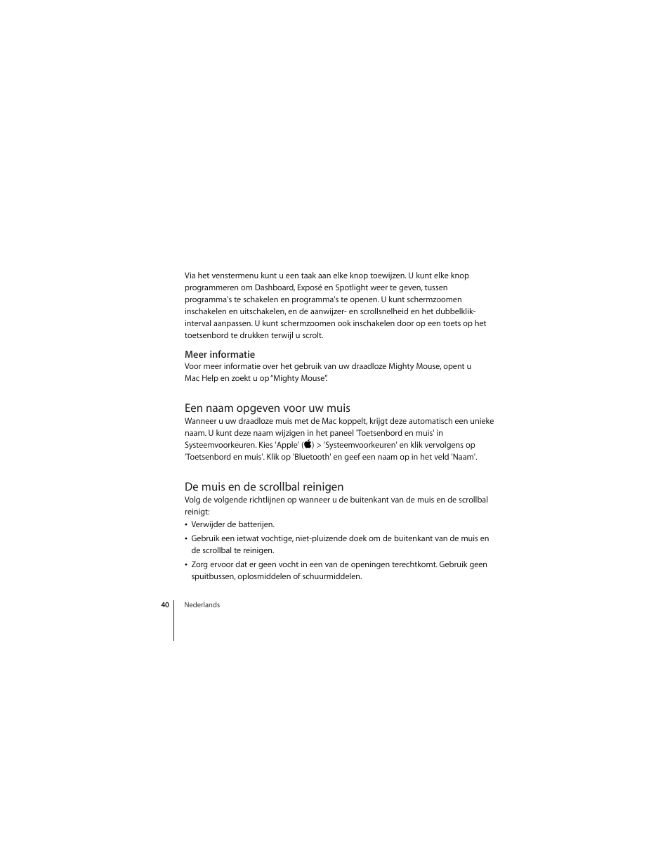 Meer informatie, Een naam opgeven voor uw muis, De muis en de scrollbal reinigen | Apple Mighty Mouse (wireless) User Manual | Page 40 / 101