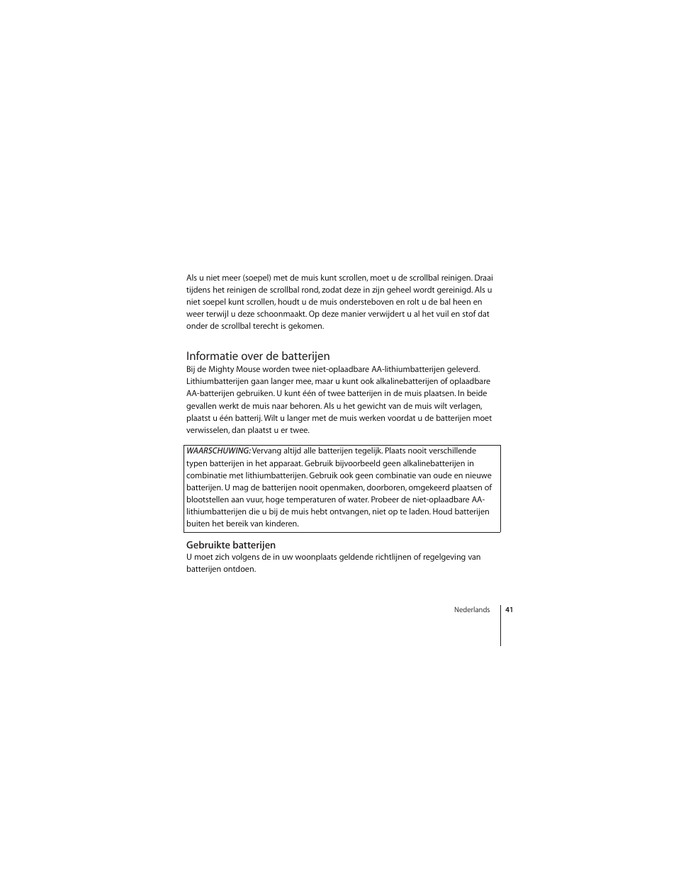 Informatie over de batterijen, Gebruikte batterijen | Apple Mighty Mouse (wireless) User Manual | Page 41 / 101