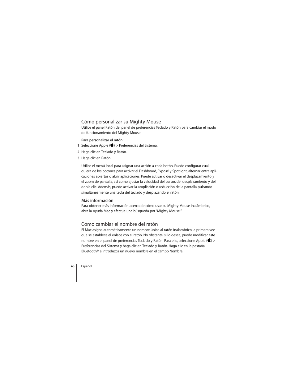 Cómo personalizar su mighty mouse, Más información, Cómo cambiar el nombre del ratón | Apple Mighty Mouse (wireless) User Manual | Page 48 / 101
