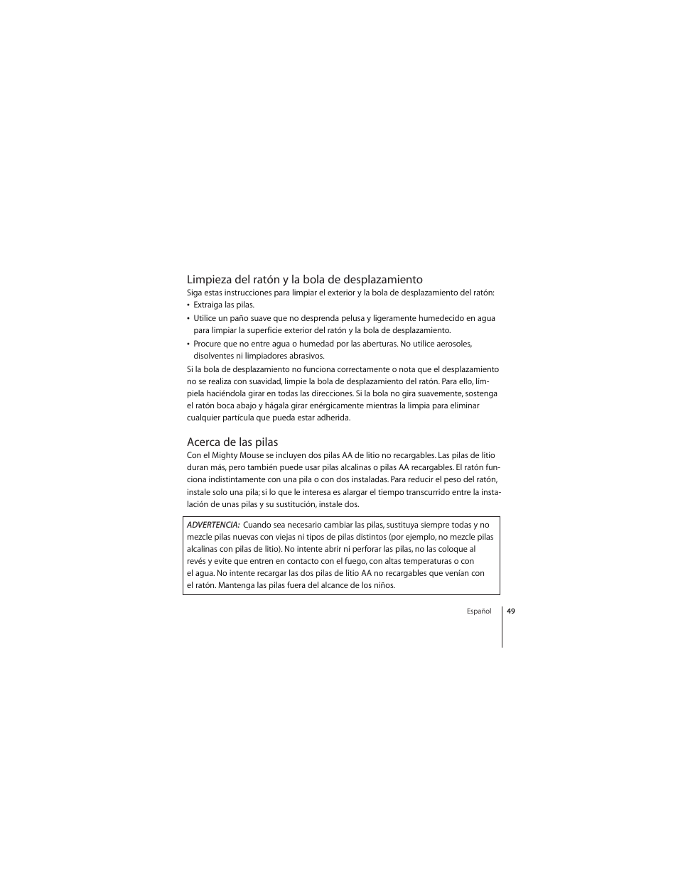 Limpieza del ratón y la bola de desplazamiento, Acerca de las pilas | Apple Mighty Mouse (wireless) User Manual | Page 49 / 101