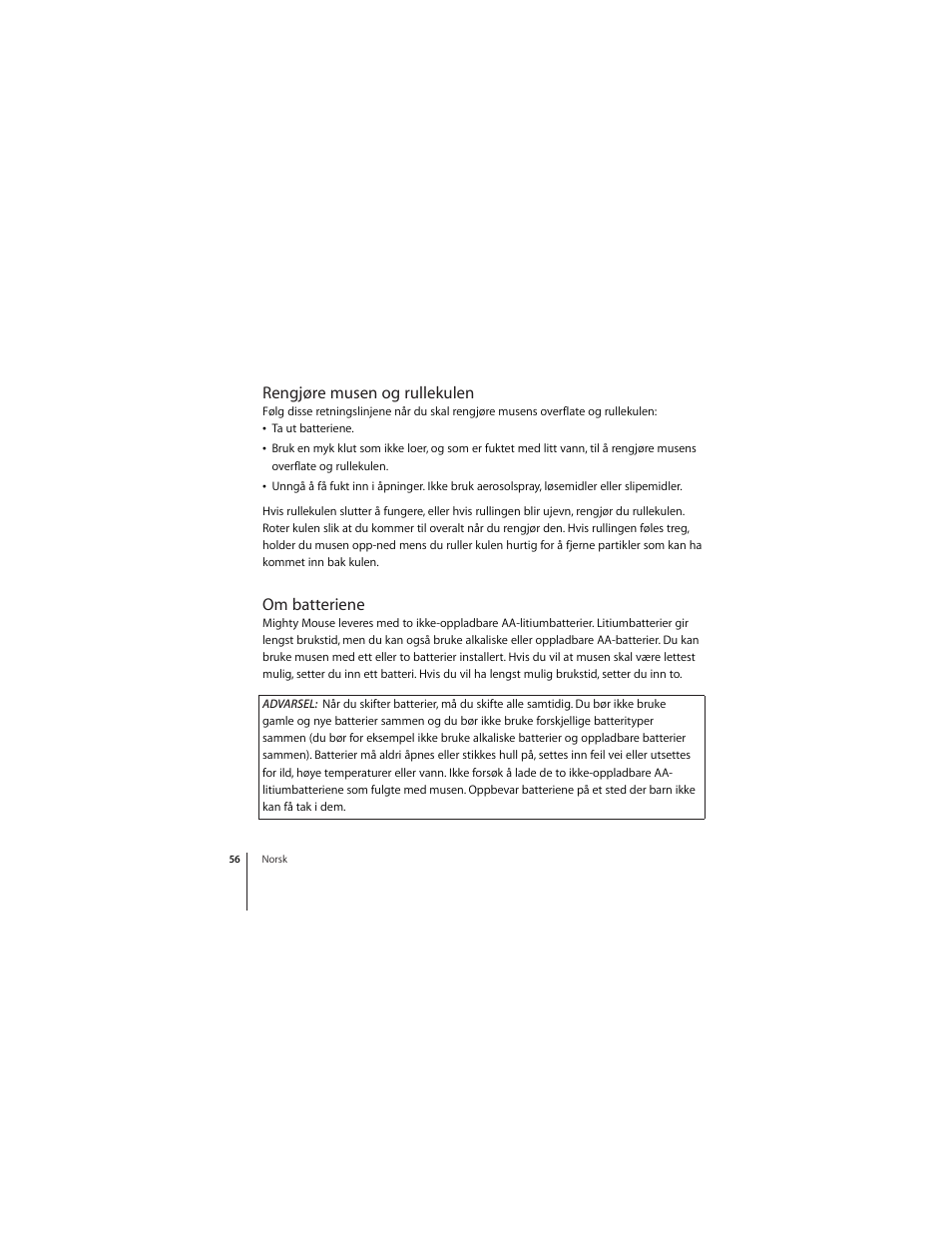 Rengjøre musen og rullekulen, Om batteriene | Apple Mighty Mouse (wireless) User Manual | Page 56 / 101