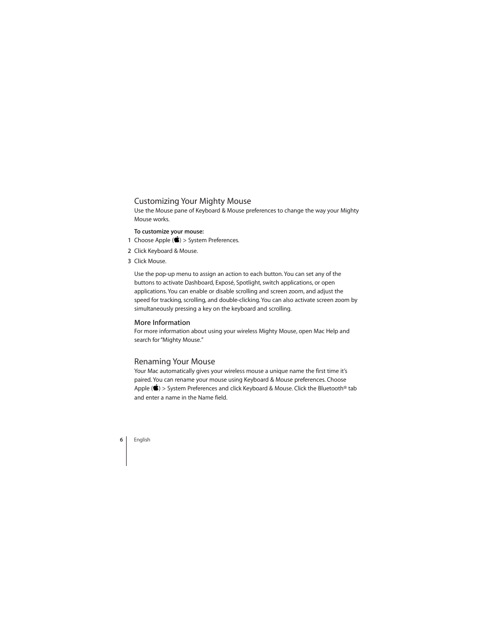 Customizing your mighty mouse, More information, Renaming your mouse | Apple Mighty Mouse (wireless) User Manual | Page 6 / 101