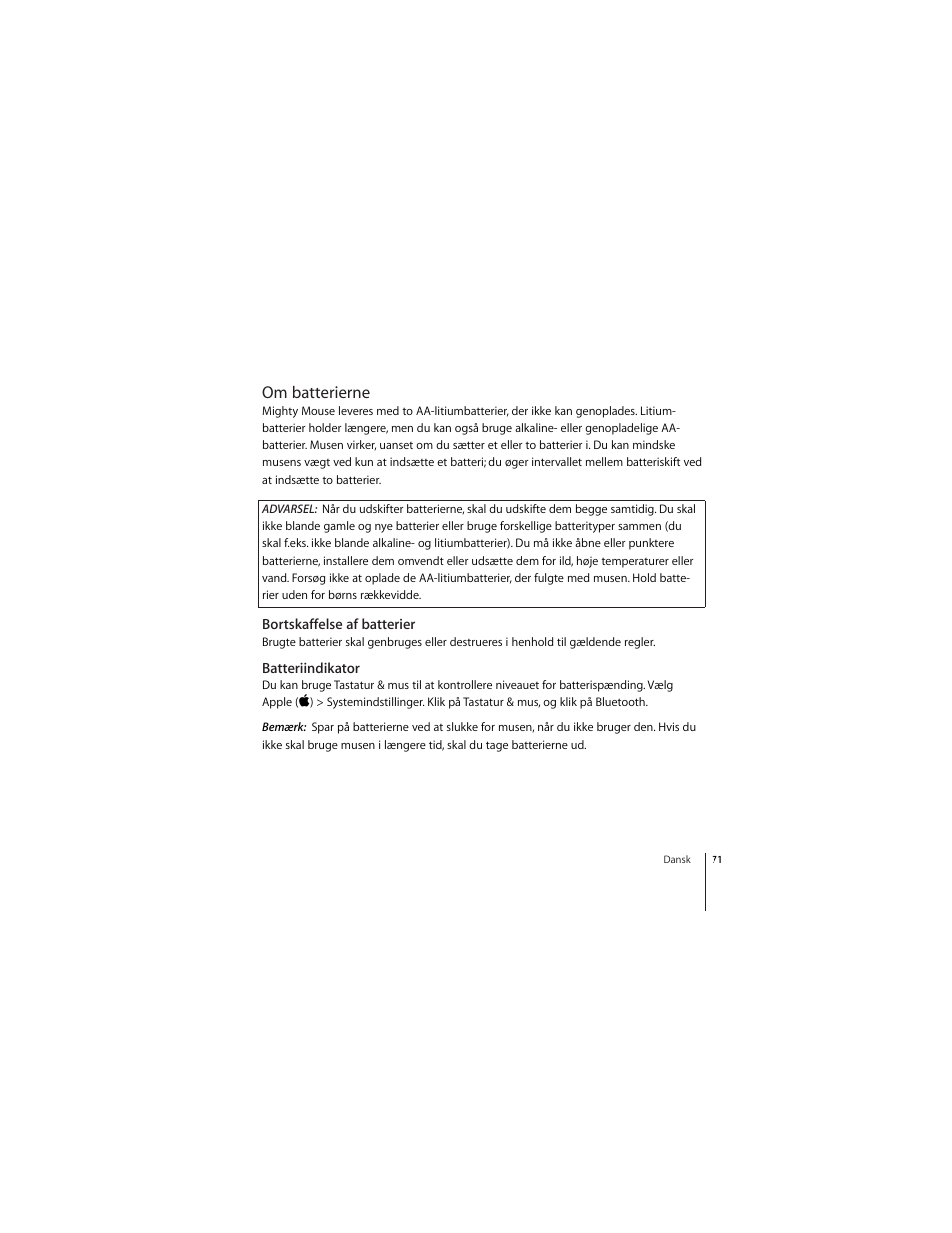 Om batterierne, Bortskaffelse af batterier, Batteriindikator | Apple Mighty Mouse (wireless) User Manual | Page 71 / 101