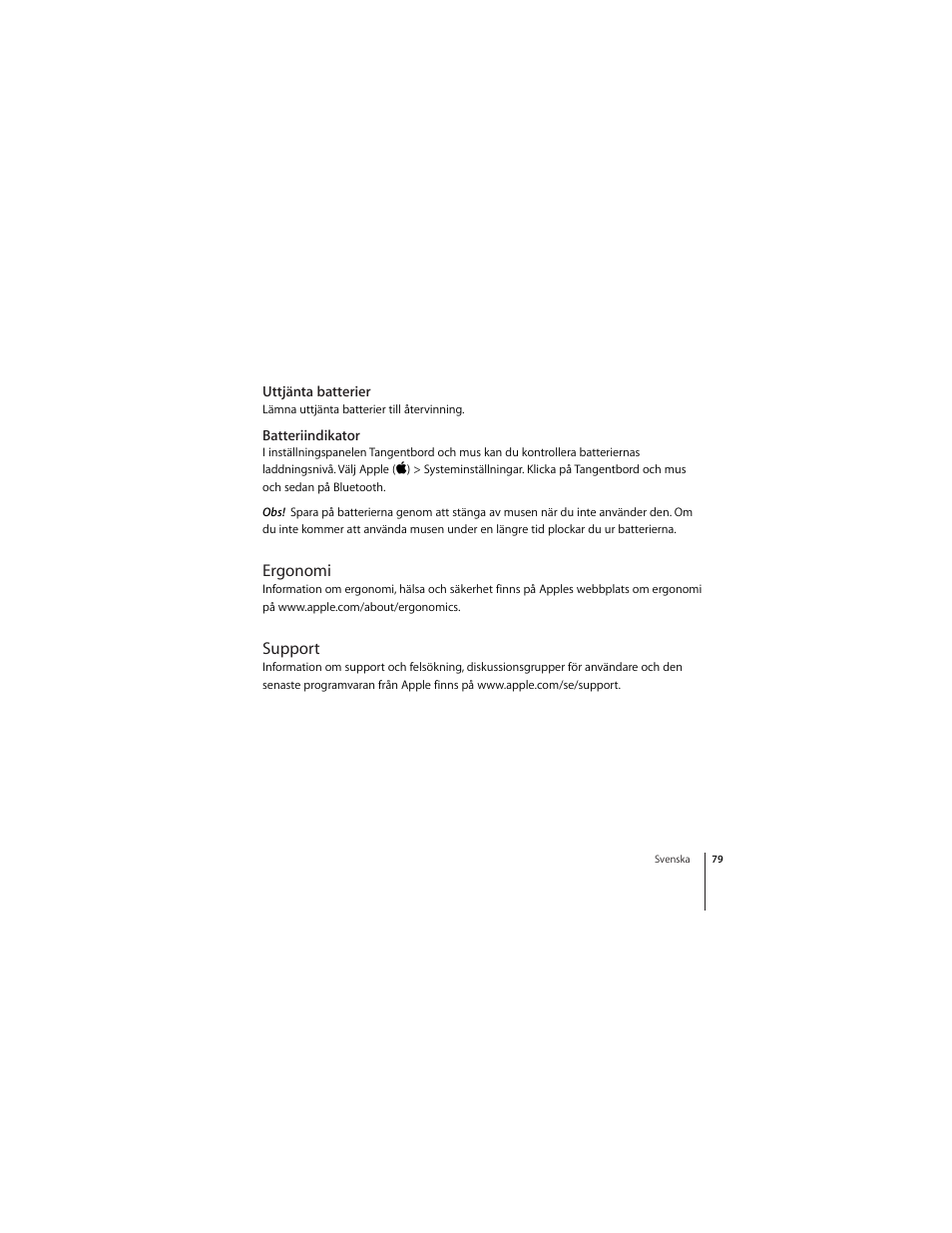Uttjänta batterier, Batteriindikator, Ergonomi | Support | Apple Mighty Mouse (wireless) User Manual | Page 79 / 101